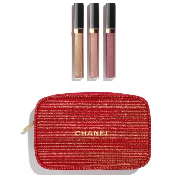 CHANEL 2022 Holiday Sheer Genius Lipgloss Trio Gift Set Tweed Bag Cosmetic Case - Picture 1 of 3